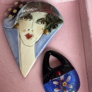 Signed Handcrafted Brooch 1920's Style of a woman w/ a Glass Pocketbook Purse